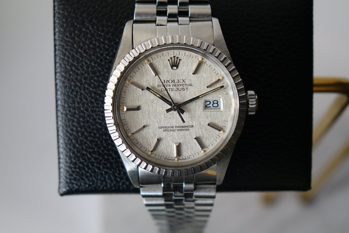 Rolex Datejust 36 16030 engine turned bezel creamy patina silver linen dial