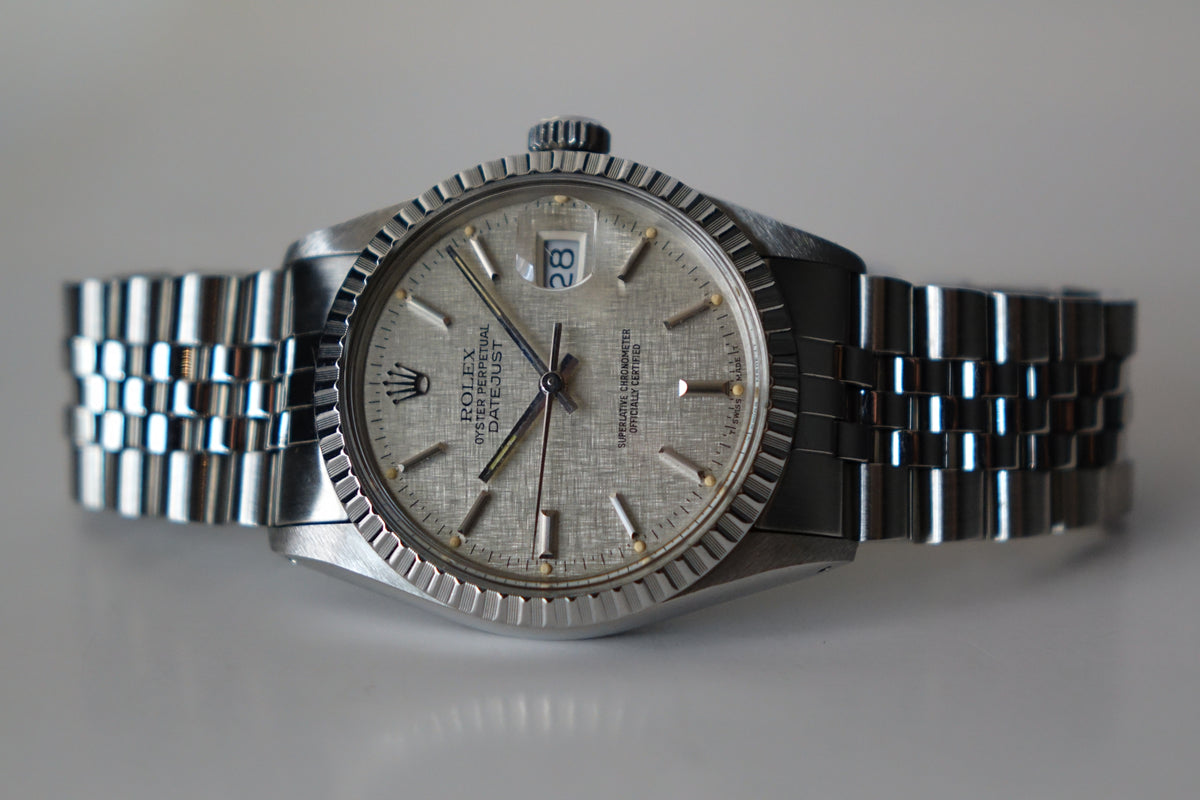 Rolex Datejust 36 16030 engine turned bezel creamy patina silver linen dial