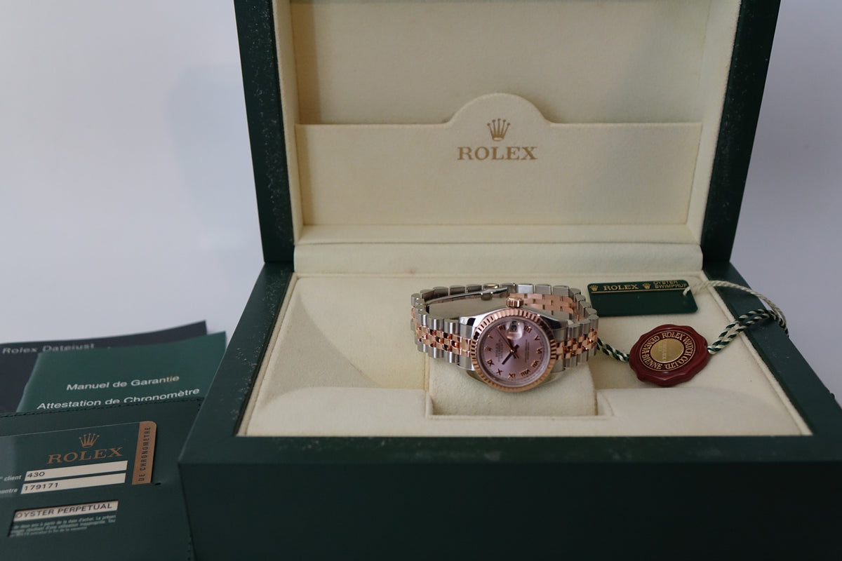 Rolex Datejust 26 179171 pink dial fluted jubilee full set