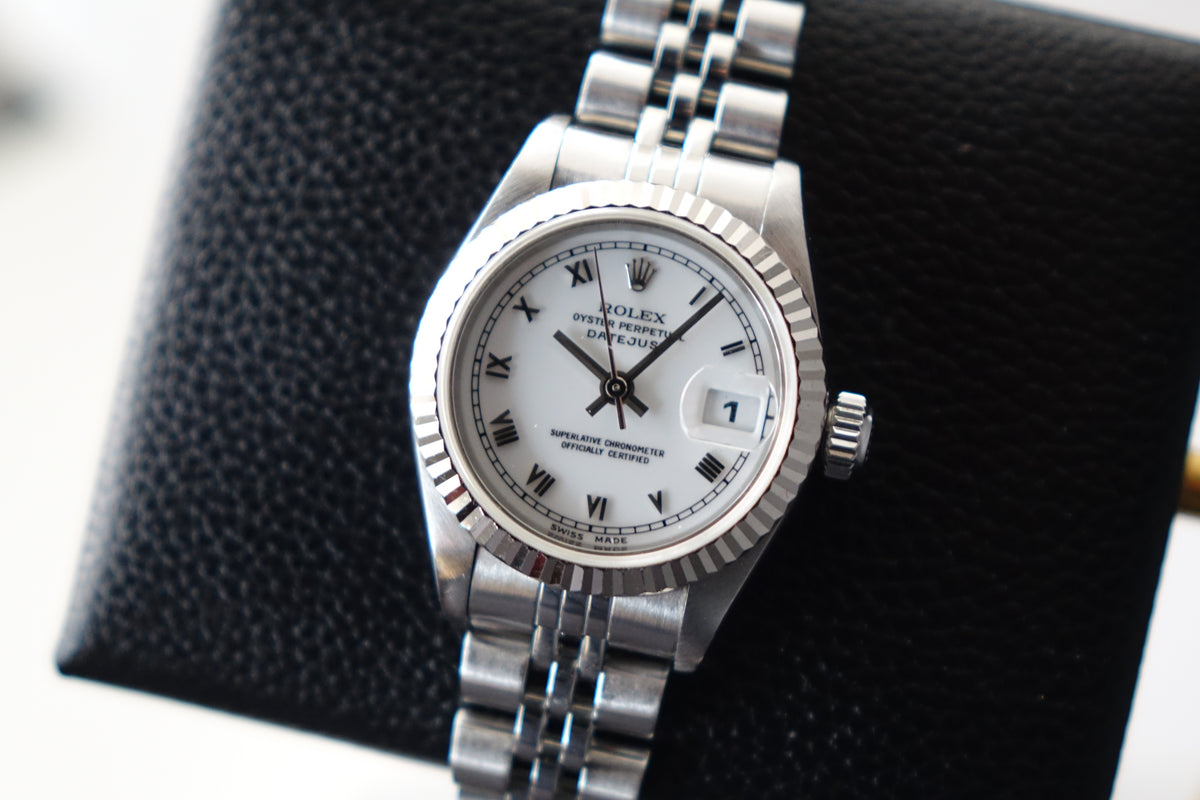 Rolex Datejust 26 69174 white gold bezel roman dial