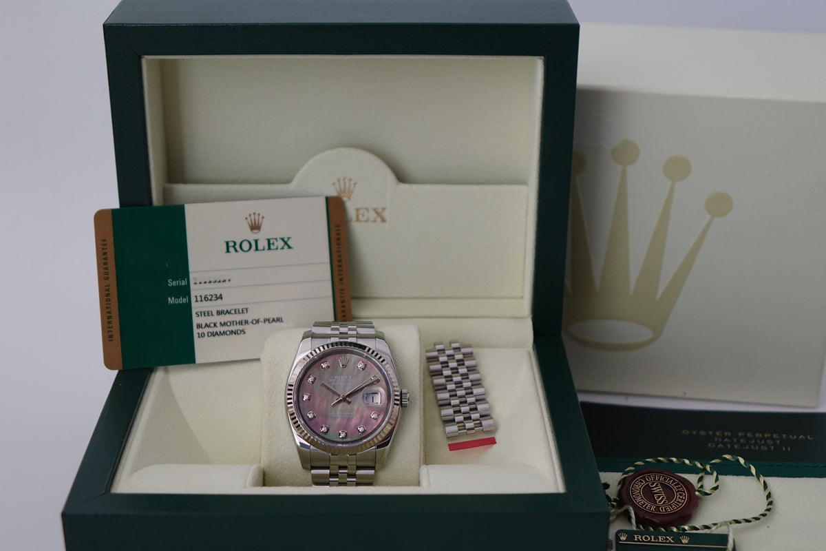 Rolex Datejust 36 116234 Tahitian MOP dial fluted jubilee full set